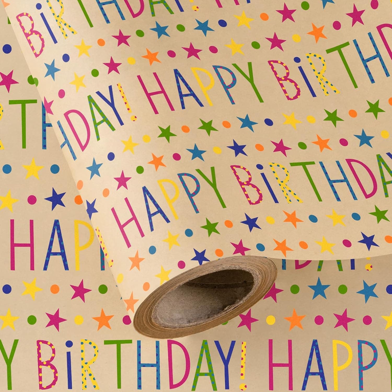 WRAPAHOLIC Kraft Birthday Wrapping Paper Roll - Mini Roll - 17 Inch x 9.8 Feet - Colorful Dot Stars and Happy Bday Lettering Wrapping Paper Perfect for Birthday, Party, Baby Shower