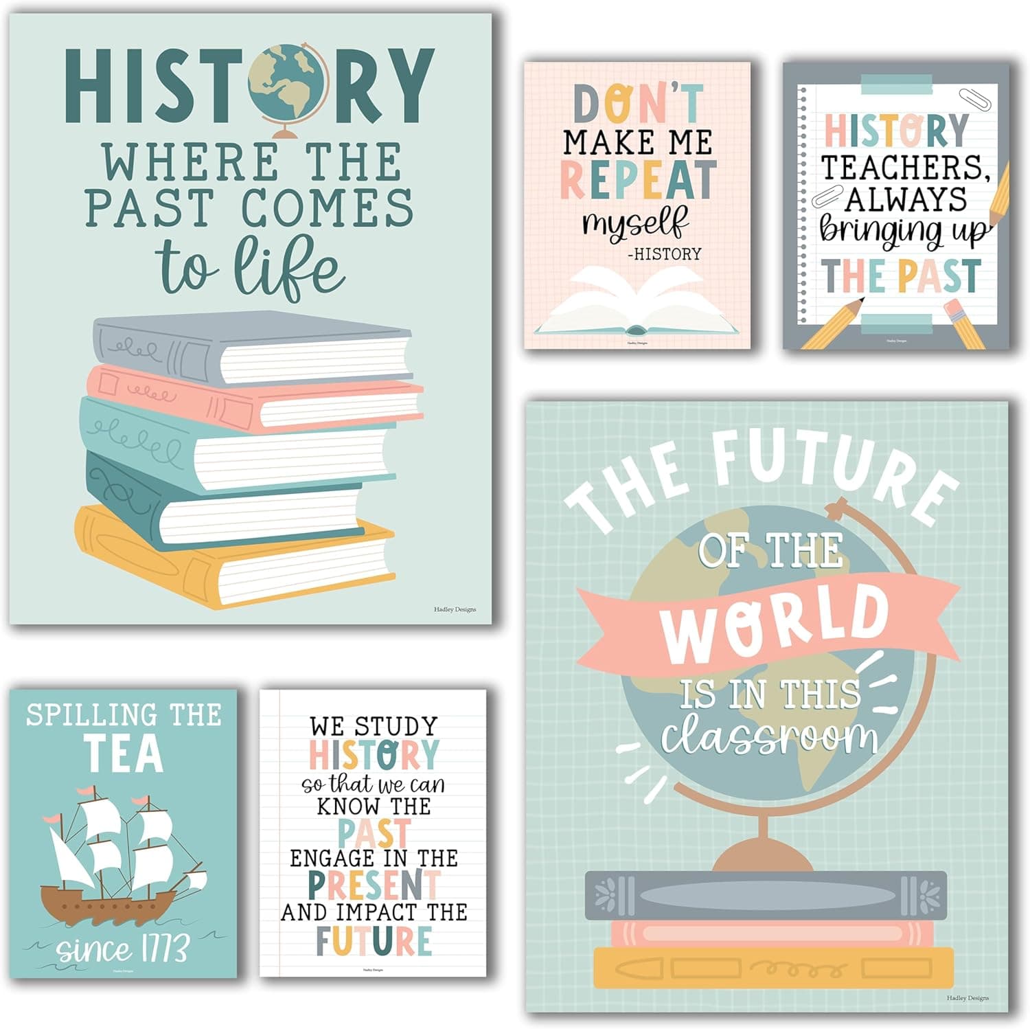 Hadley Designs 6 Social Studies Classroom Decorations – US History Posters for Elementary, Middle School and High School, Durable World History Wall Art for Teachers - Boho Classroom Decor