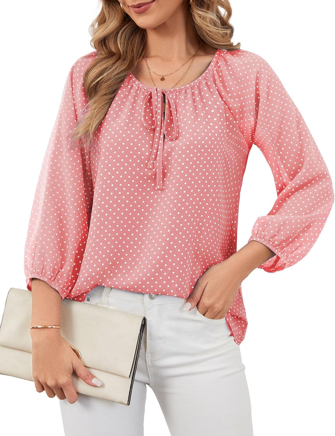 Chiffon Blouses for Women Dressy Casual Polka Dot Top 3/4 Sleeve Work Shirts