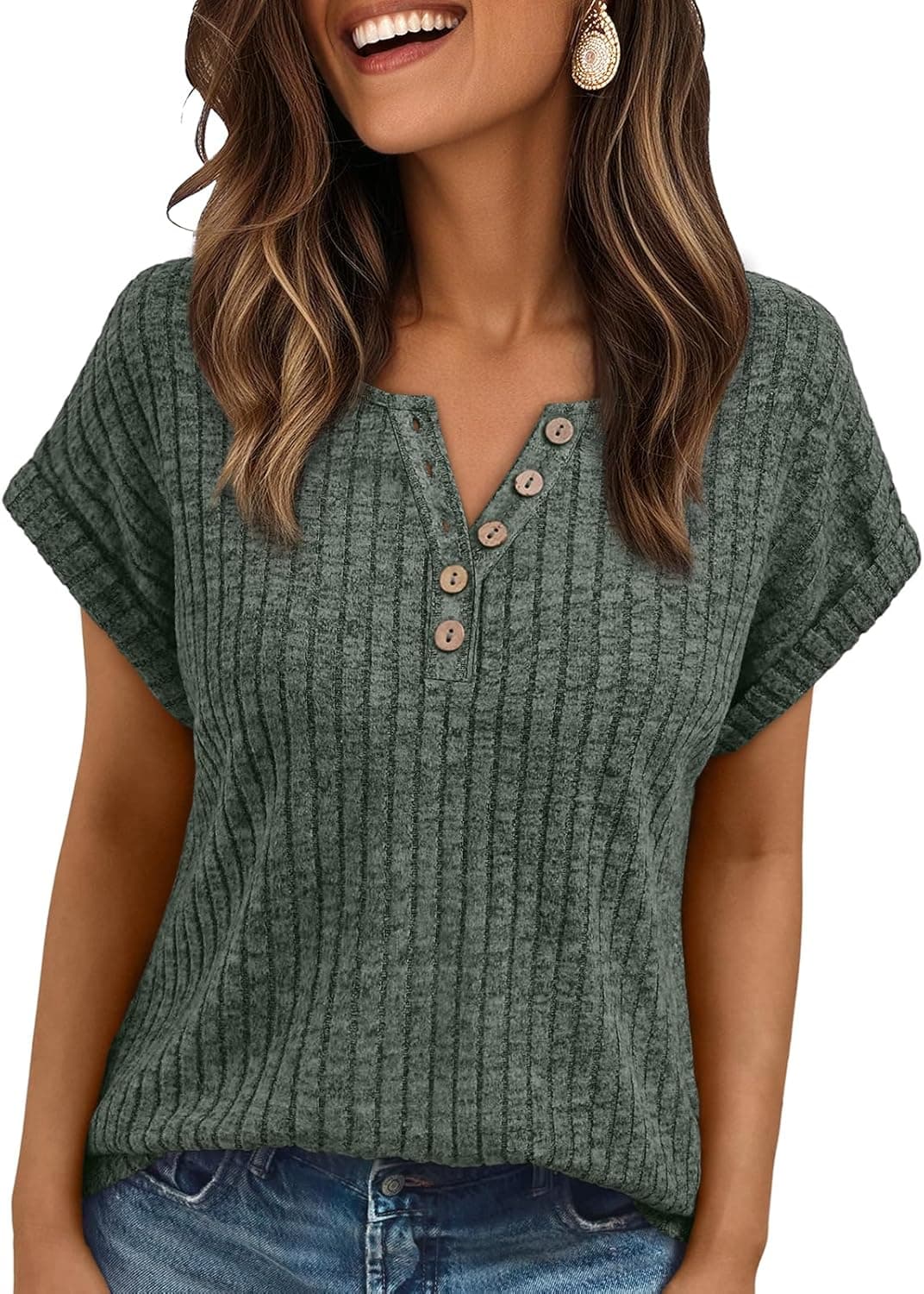 AUTOMET Women Tops Summer Sweaters Short Sleeve V Neck Henley Shirts Dressy Button Blouses - image 1