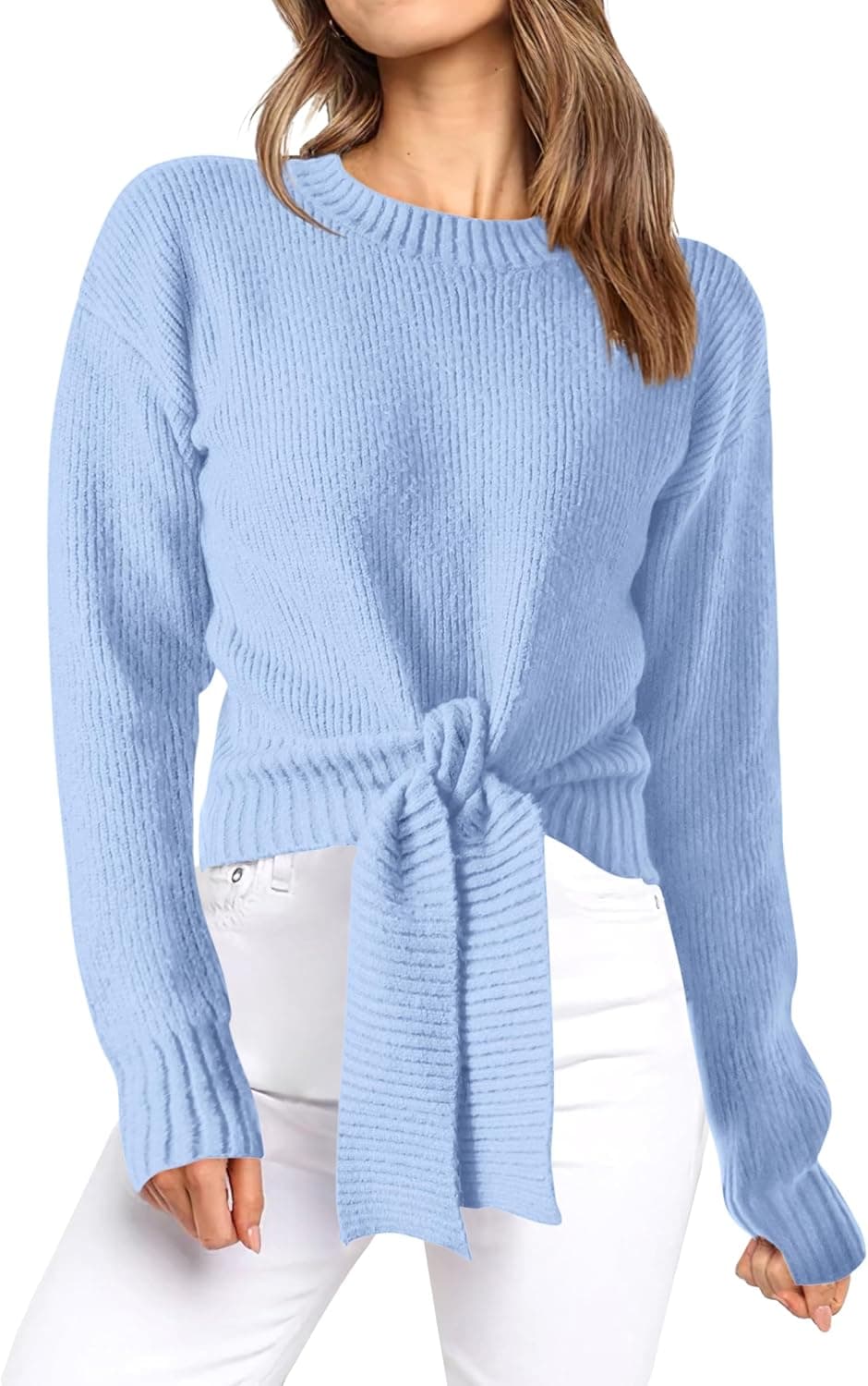 Okiwam Women's Long Sleeve Cropped Sweaters Casual Knit Pullover Tie Front Crew Neck Fall Outfits Spring Fashion Clothes 2026 - image 1