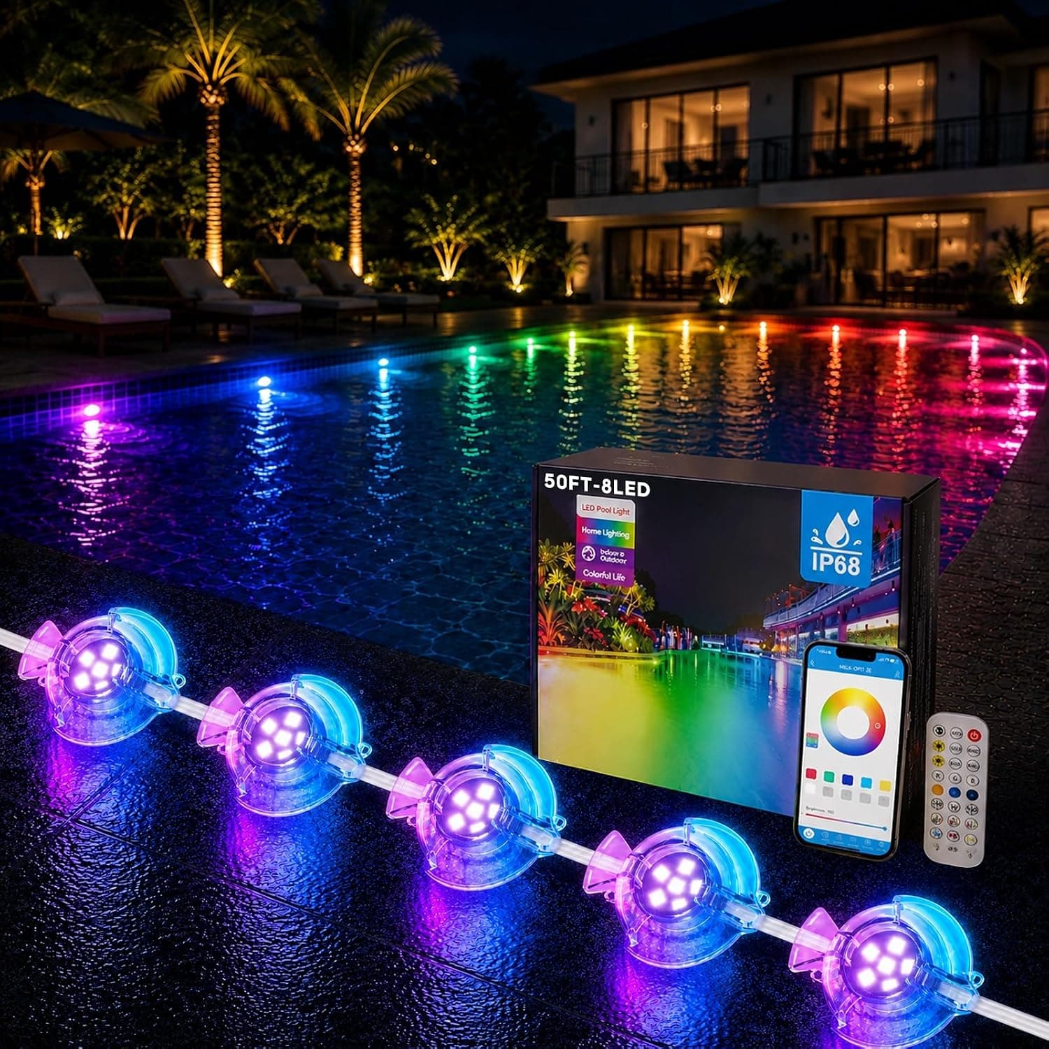 Permanent Pool Lighting System, 50FT 8 LED RGB+IC Pool Lights, 24V Low Voltage, IP68 Waterproof, App & Remote Control, Full-Coverage Lighting for Inground & Above Ground Pools