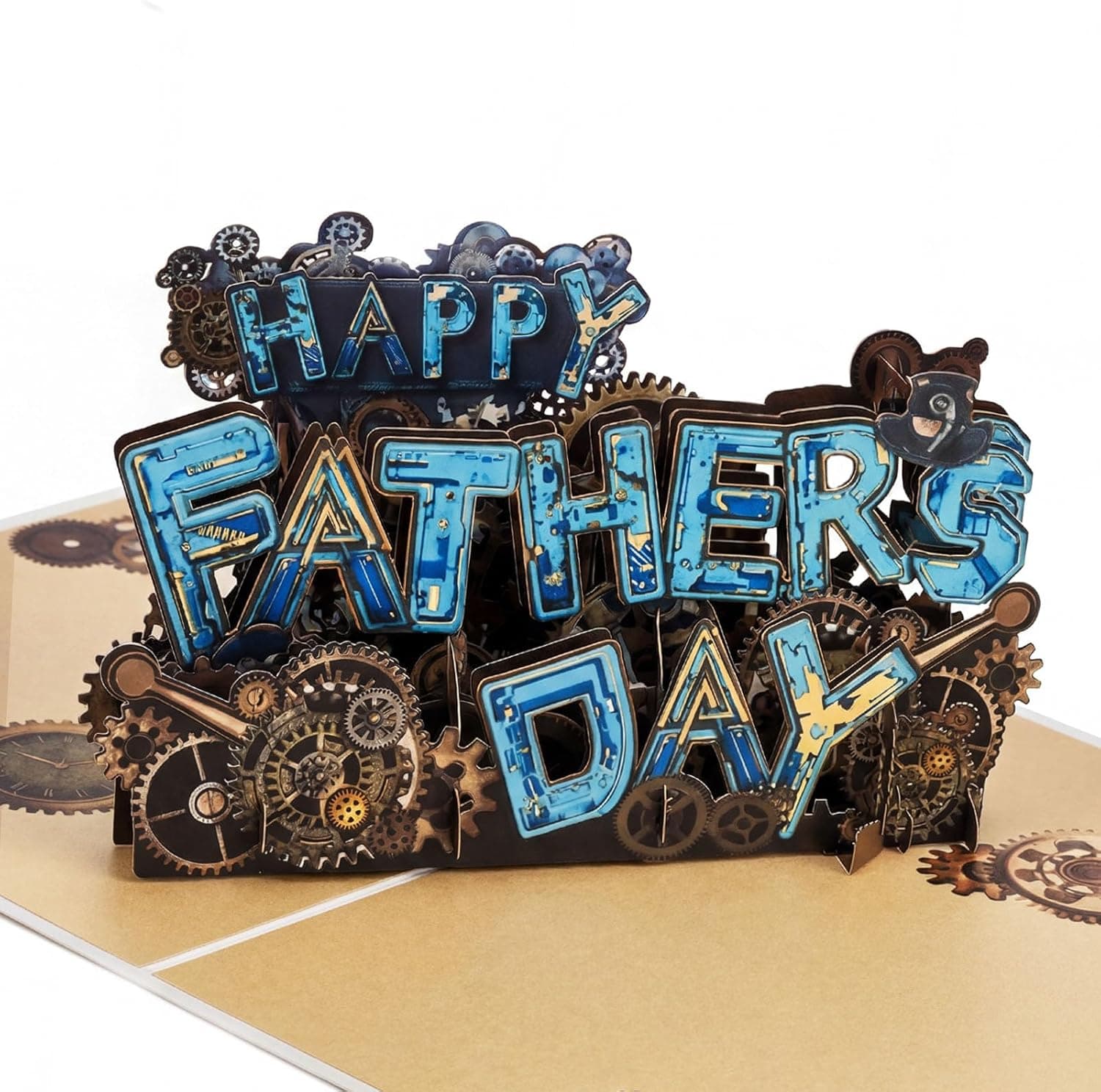Happy Father's Day Card - Funny 4 Layers 3D Pop Up Greeting Card Gift for Dad, Husband, Grandpa from Son Daughter Wife Unique Steampunk Mechanical Gears Design, Includes Envelope and Blank Note Tag
