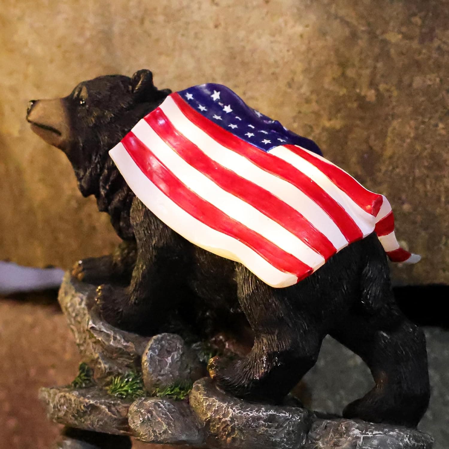 Bear Solar Lights Outdoor Statue - Garden Black Bear with Light up American Flag Solar Animals Outdoor Waterproof Decor for Patio,Porch,Balcony,Yard,Lawn