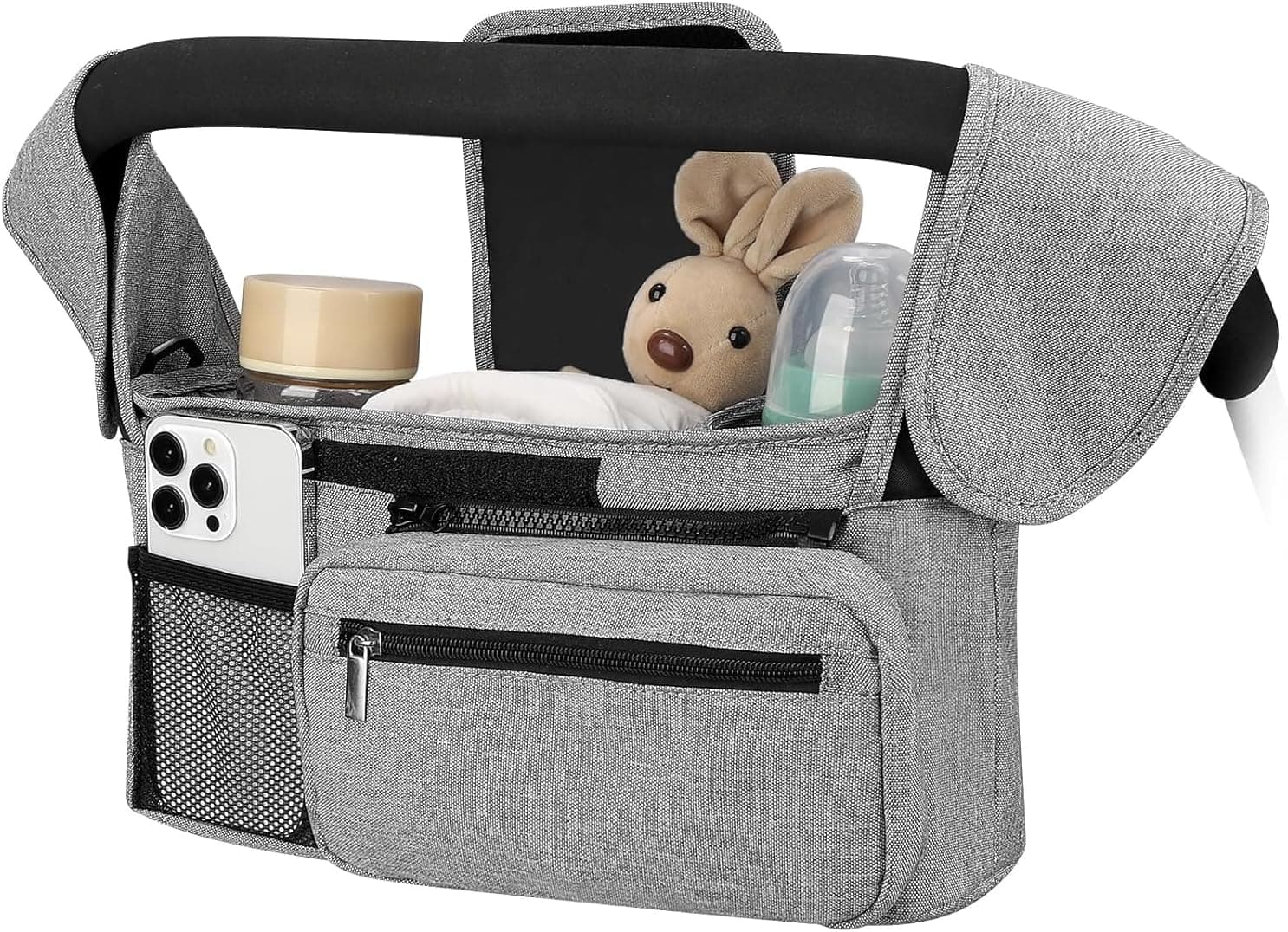 Universal Stroller Organizer with Insulated Cup Holder Detachable Phone Bag and Carry Strap Fits Uppababy, Baby Jogger, Britax, BOB, Umbrella and Pet Stroller and more (Light gray) - image 1