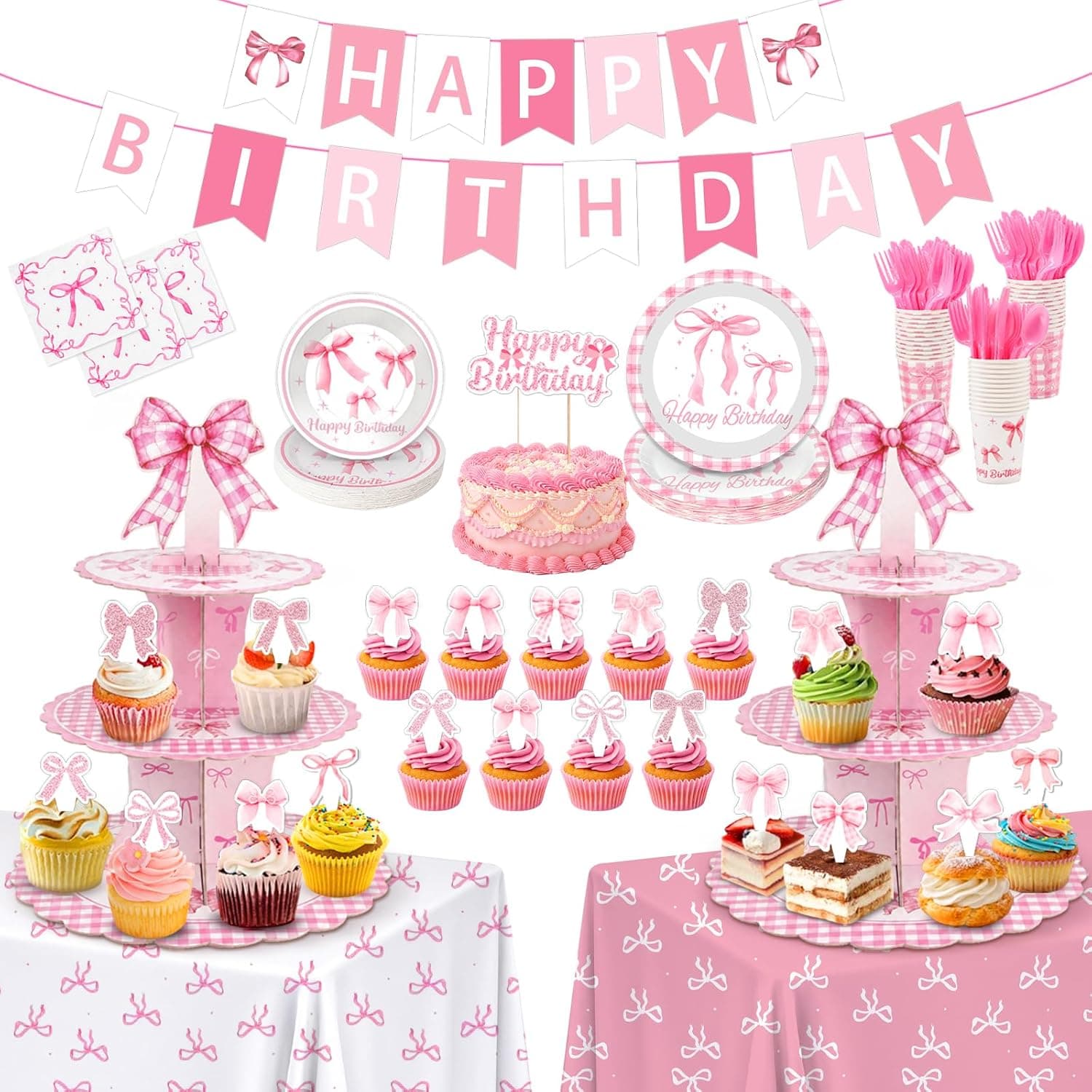 198pcs Pink Bow Birthday Party Decorations Serve 24, Include Plates Napkins Cups, Cupcake Stands, Birthday Banner, Cake Toppers, Silverware, Tablecloth Coquette Bow-themed Supplies for Girls&Women
