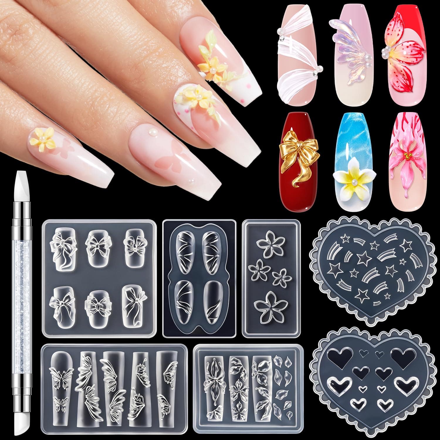 modelones Silicone Nail Art Molds, 7PCS 3D Flowers Nail Charm Molds with Carving Pen Clear Modeling Templates Hibiscus Flowers Lace Bow Star Heart Blossom Design Mold for Resin Epoxy Professional
