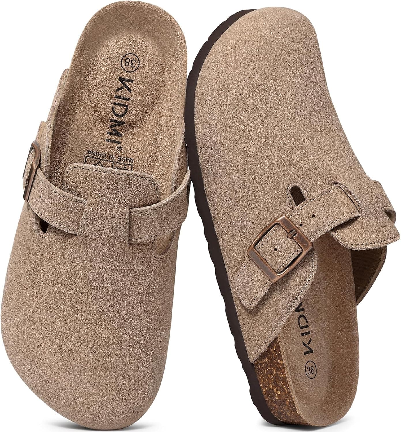 KIDMI Genuine Suede Clogs for Women Men Cork Footbed Mules Shoes