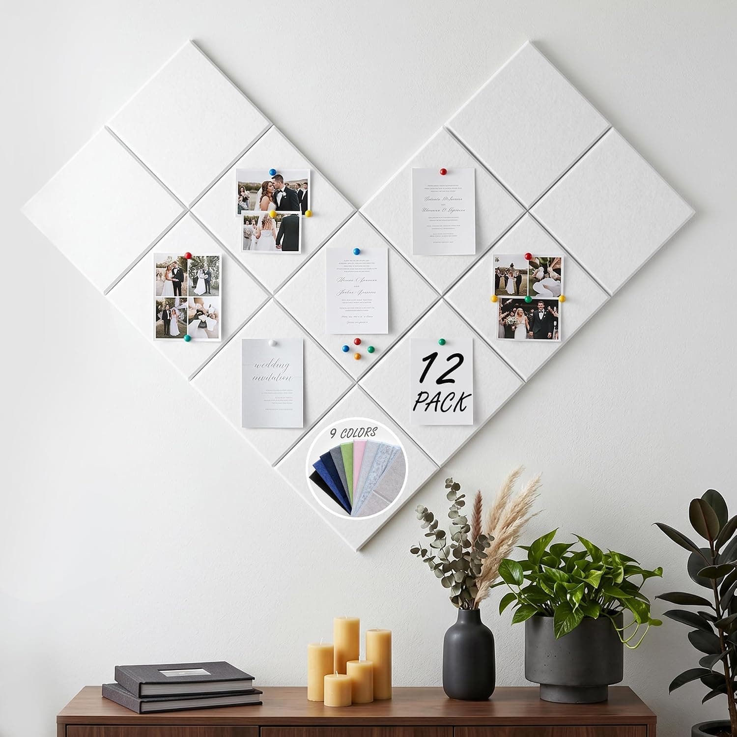 MISSDAY White Acoustic Wall Panel Felt Bulletin Board 48" x 36" Cork Board for Wall, 12-Pack Boards with 72 Removable Adhesive Tabs, 50 Pins, Pin Board for Home Office Classroom Soundproof Wall Tile