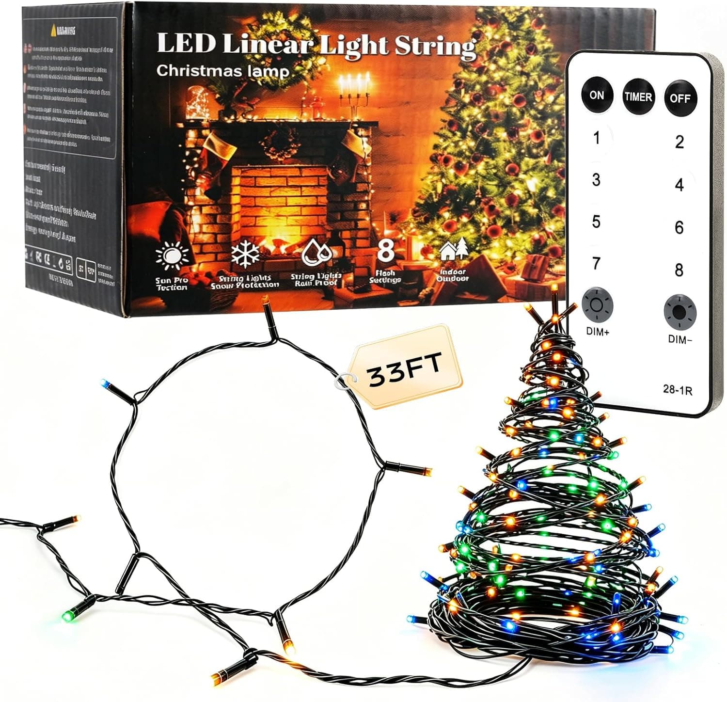 Christmas String Lights, 33FT 100 LED Multicolor Fairy Lights with Remote Control & Timer, 8 Modes Plug-in Indoor Outdoor Twinkle Lights for Garden Wedding Party Bedroom Holiday Decoration