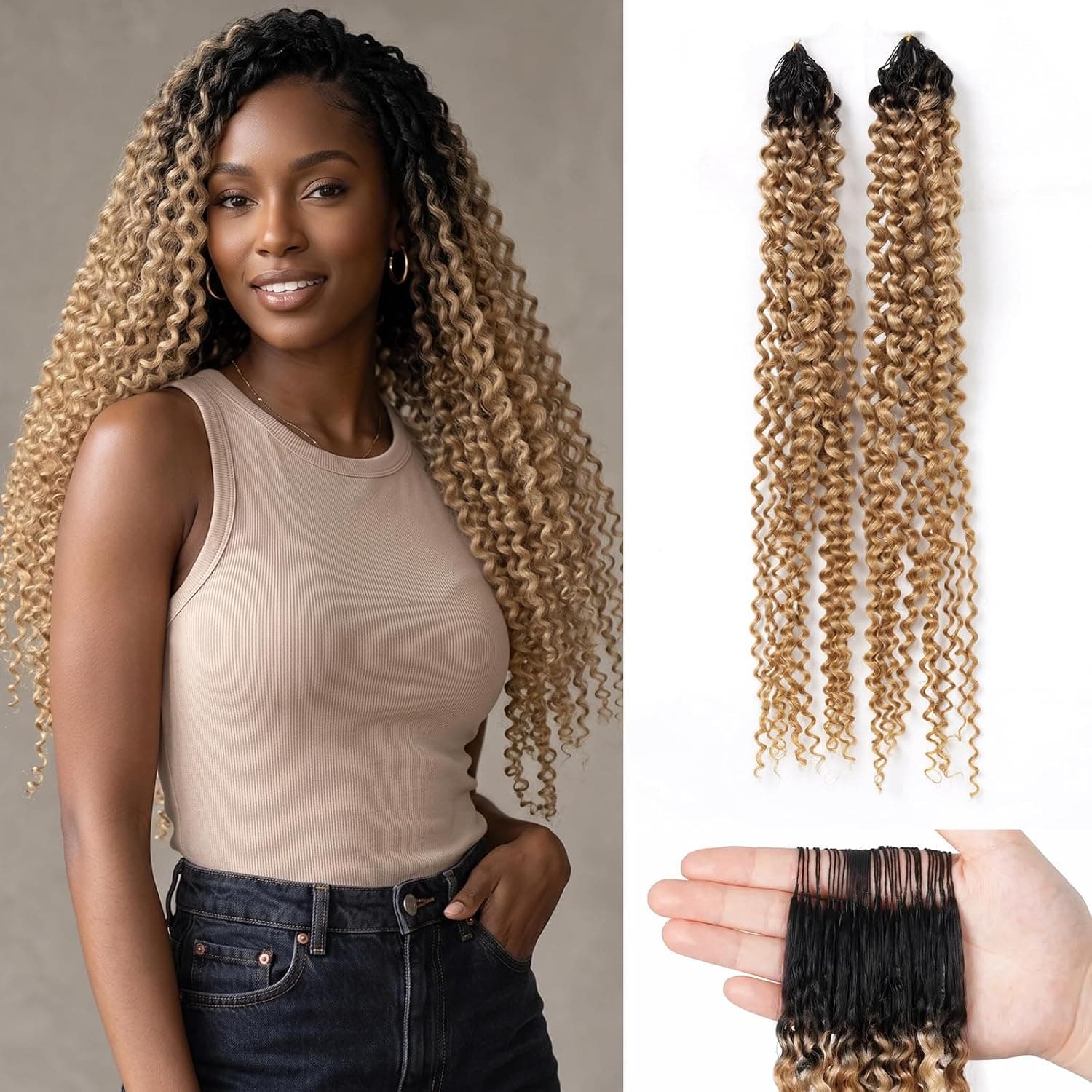 20 Inch Pre-Separated Water Wave Crochet Human Hair Bundles 60g Deep Wavy Invisible Feather Crochet Hair Extensions 50 Strands 1B27 Ombre Brown Black for Black Women