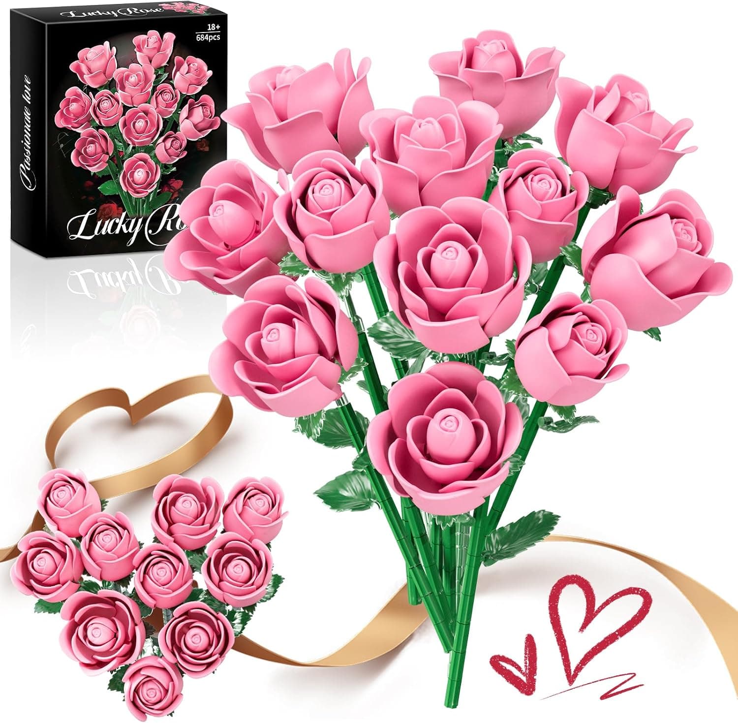Pink Rose Bouquet Building Set, Compatible with Lego Flowers for Adults Women, Botanical Collection Gift for Mother's Day & Valentine's Day Artificial Flowers Home Decor