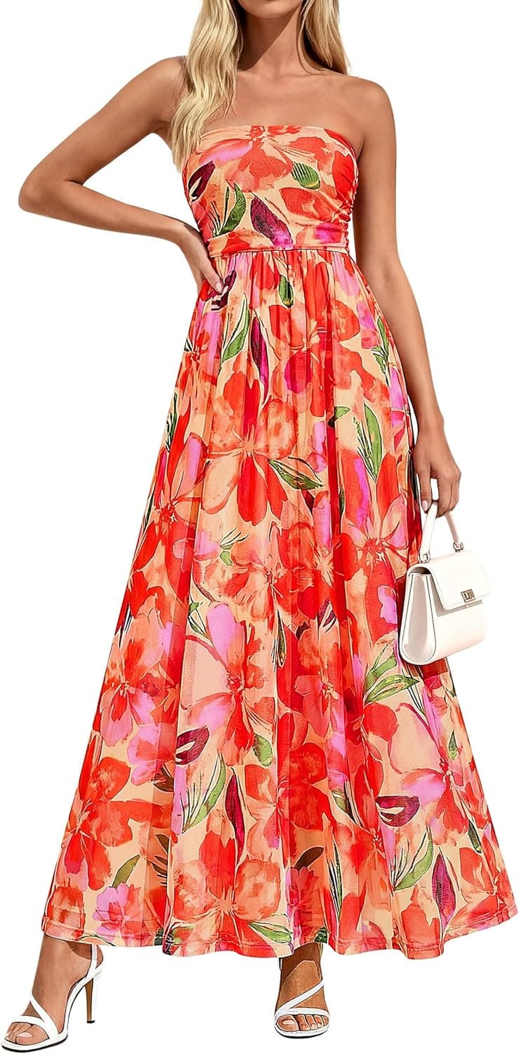 PRETTYGARDEN Women Strapless Maxi Dress 2026 Summer Floral Tube Top Ruched Beach Spring Wedding Guest Long Dresses - image 1