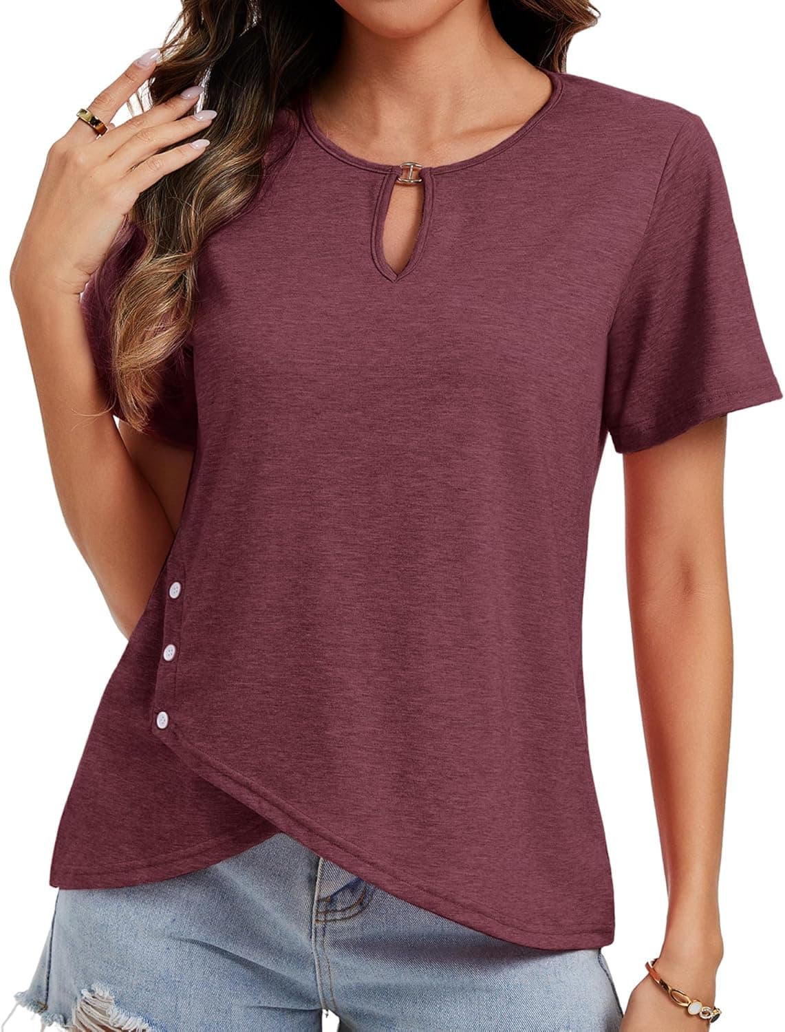 Womens Short Sleeve 2026 T-Shirts Crew Neck Summer Tops Casual Basic Trendy Cutout Tee Button Asymmetric Hem - image 1