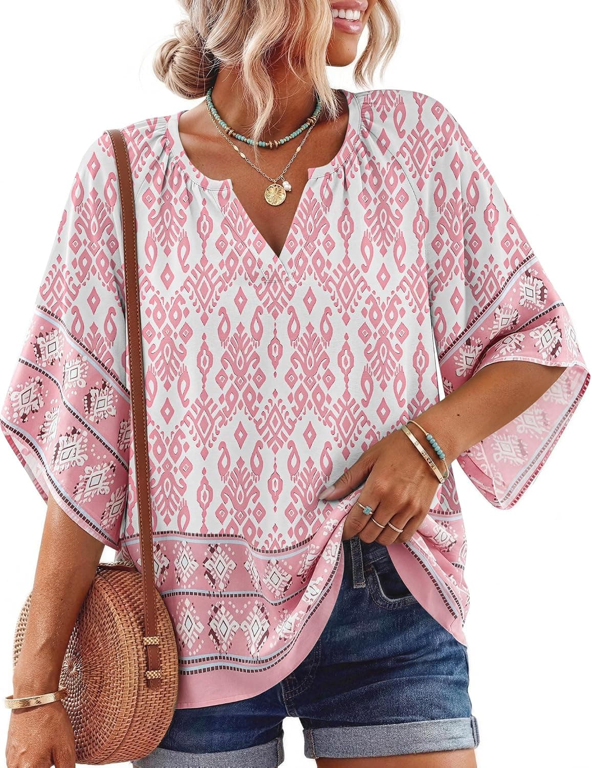 Boho Tops for Women 3/4 Sleeve Floral Print Blouses V Neck Casual Beach Shirts Loose Fit Short Sleeve Tunic Tops - image 1