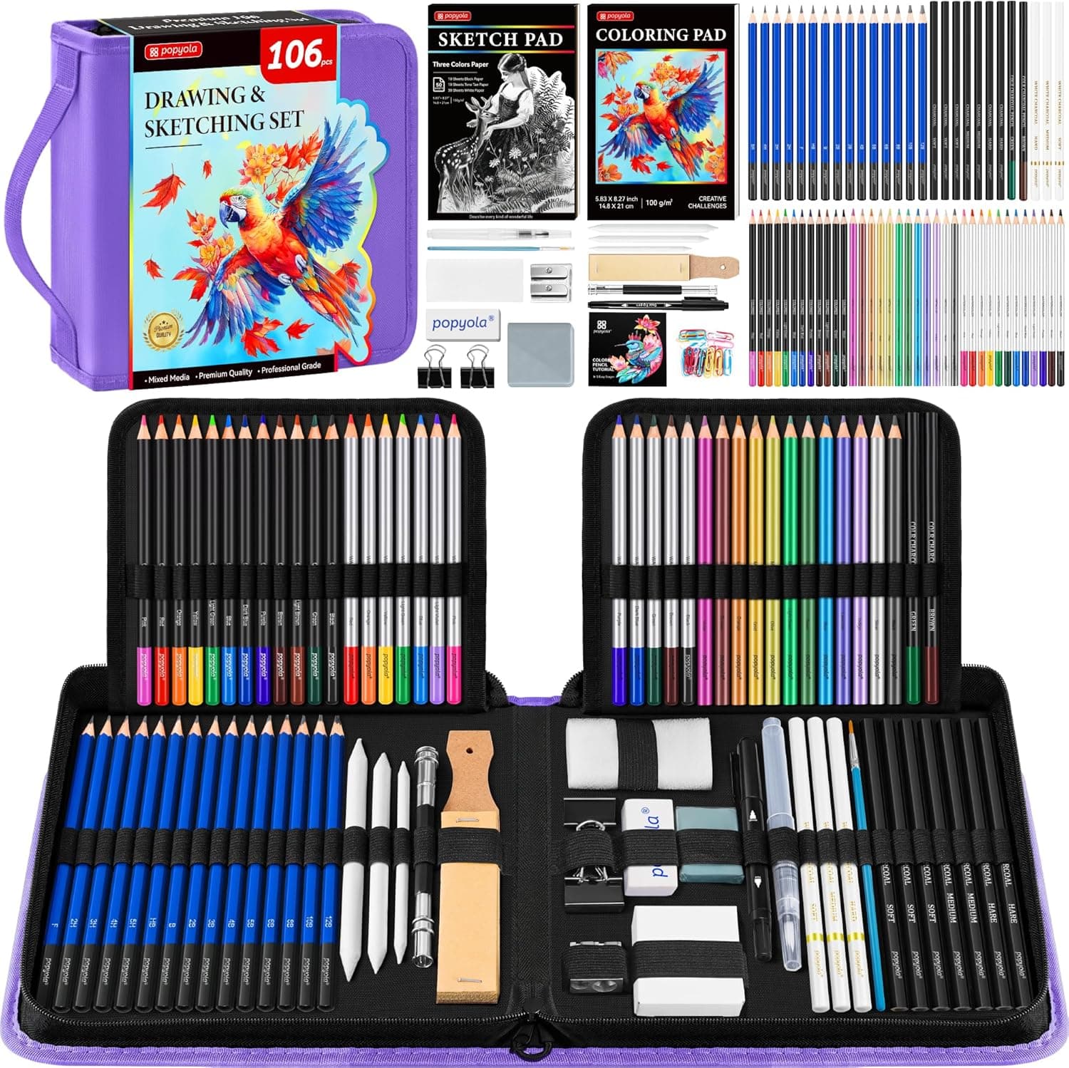 106 Pack Art Supplies Sketching Kit with 3-Color Sketchbook, Coloring Book, Tutorial, Graphite Colored Charcoal Watercolor & Metallic Pencils, Drawing Supplies Gift Case for Artists Beginners Adults - image 1