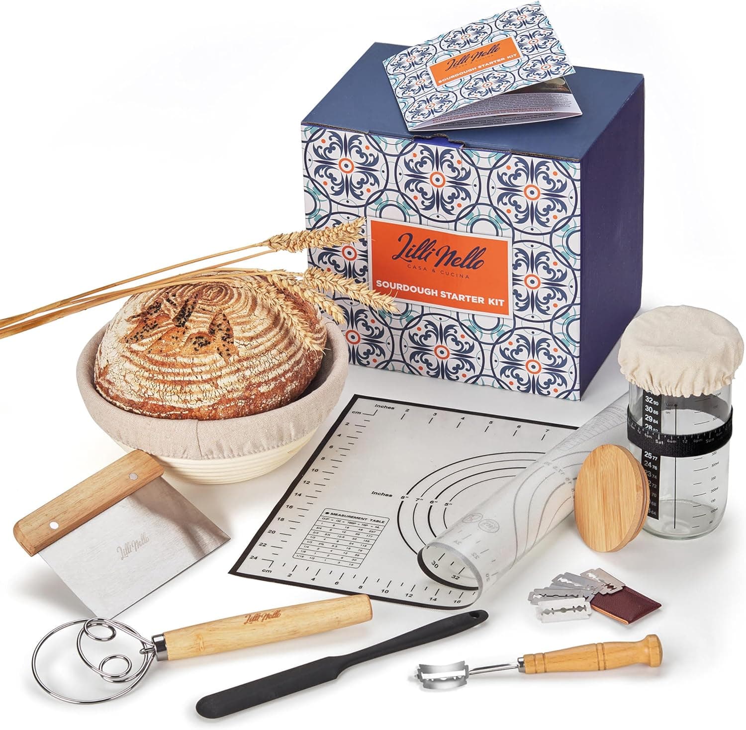 Sourdough Starter Kit all-in-one 18PCS, Premium Sourdough Bread Baking Supplies, Banneton Bread Proofing Basket Round 9in Hand-made, Sourdough Starter Jar 22OZ, Baking Gift Set, Italian Design