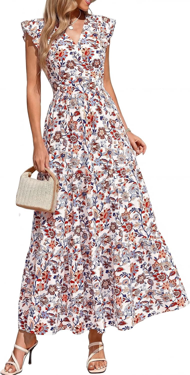 PRETTYGARDEN Women's Spring Summer Maxi Dresses 2026 Casual Wrap V Neck Floral Ruffle Sleeve Flowy Long Beach Boho Sun Dress - image 1