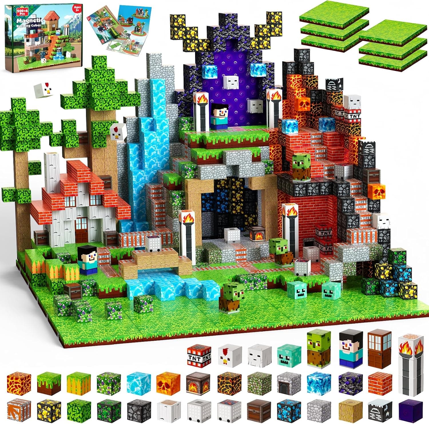 200PCS Magnetic Blocks - Magnetic Blocks with 6 Base Plate, Magnetic Building Blocks for Kids Ages 4 5 6 7 8, Stacking Magnets, Birthday Gifts for 3-8 Year Old Boy Girls - image 1