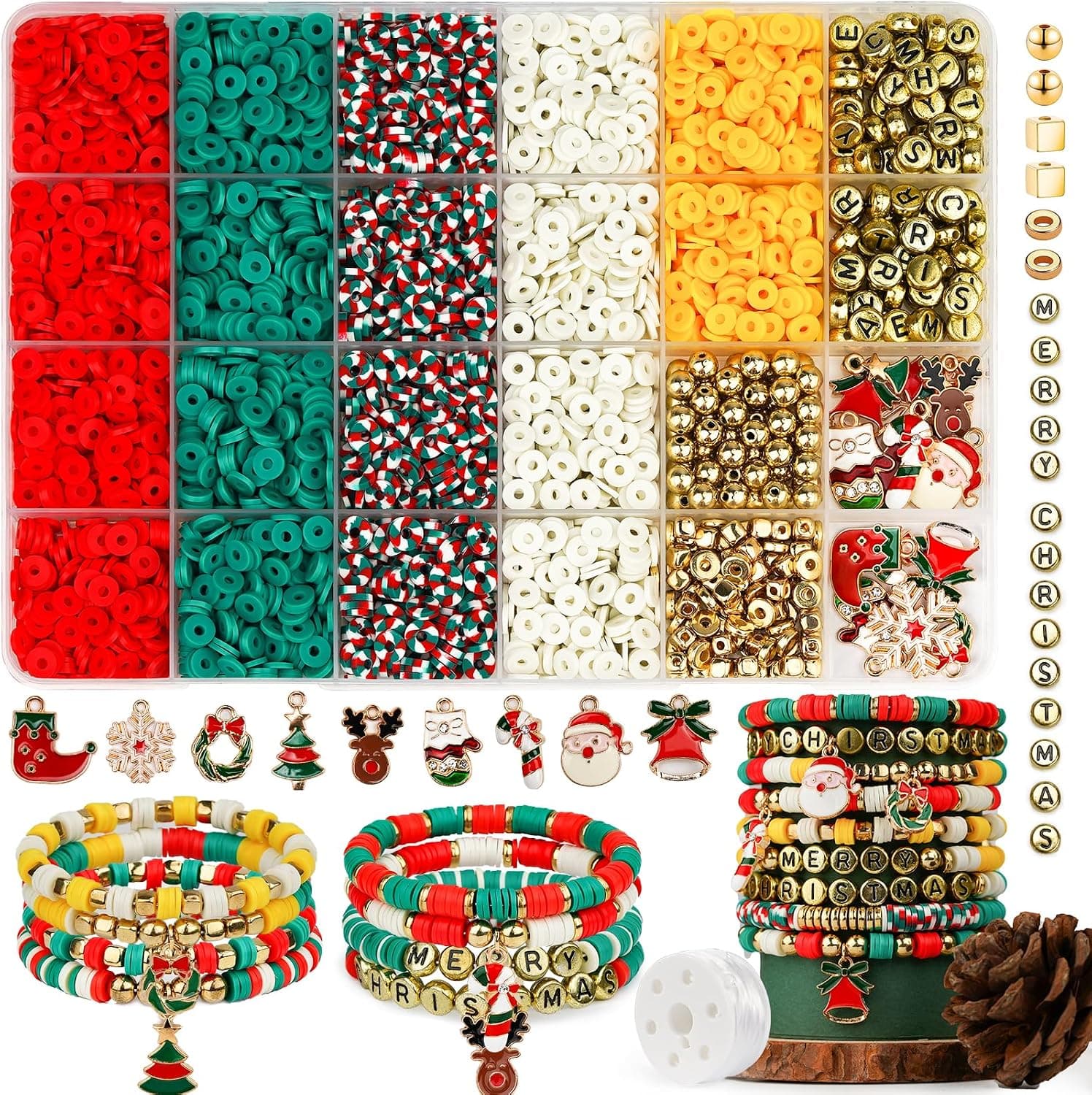 Gionlion Christmas Beads for Bracelets, Clay Beads Bracelat Making kit Golden Beads Christmas Crafts Stocking Stuffers Decorations Charms for Jewelry Making, DIY Crafts Gifts - image 1