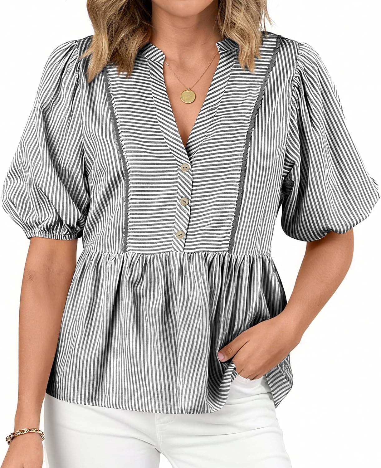 dowerme Womens Summer Tops 2026 Fashion Lantern Short Sleeve V Neck Button Peplum Shirts Spring Stripes Babydoll Blouses - image 1