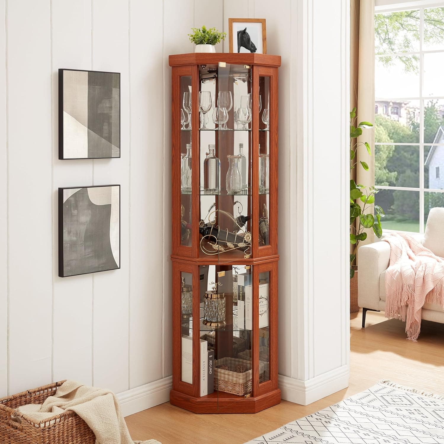 Lighted Corner Curio Cabinet - Curio Cabinet with Glass Door, Elegant Corner Design Display Case with Light Bulb for Living Room, Antique Collectibles, Wine & Bar Glass Storage (Dark Oak) - image 1