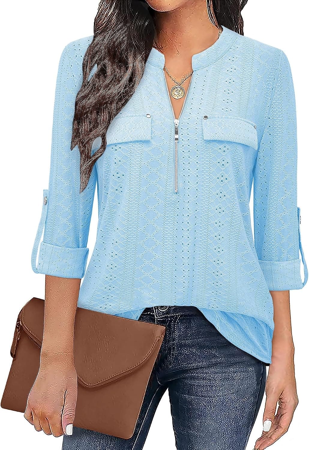 Bulotus 3/4 Length Sleeve Womens Striped Tops Zipper V Neck Collared Blouses Business Casual Tunics 2026 Spring Trendy - image 1