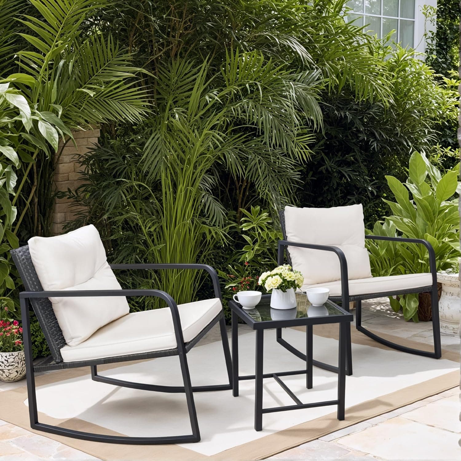 Greesum 3 Pieces Rocking Wicker Bistro Set with Porch Chairs & Glass Coffee Table (Beige) - image 1