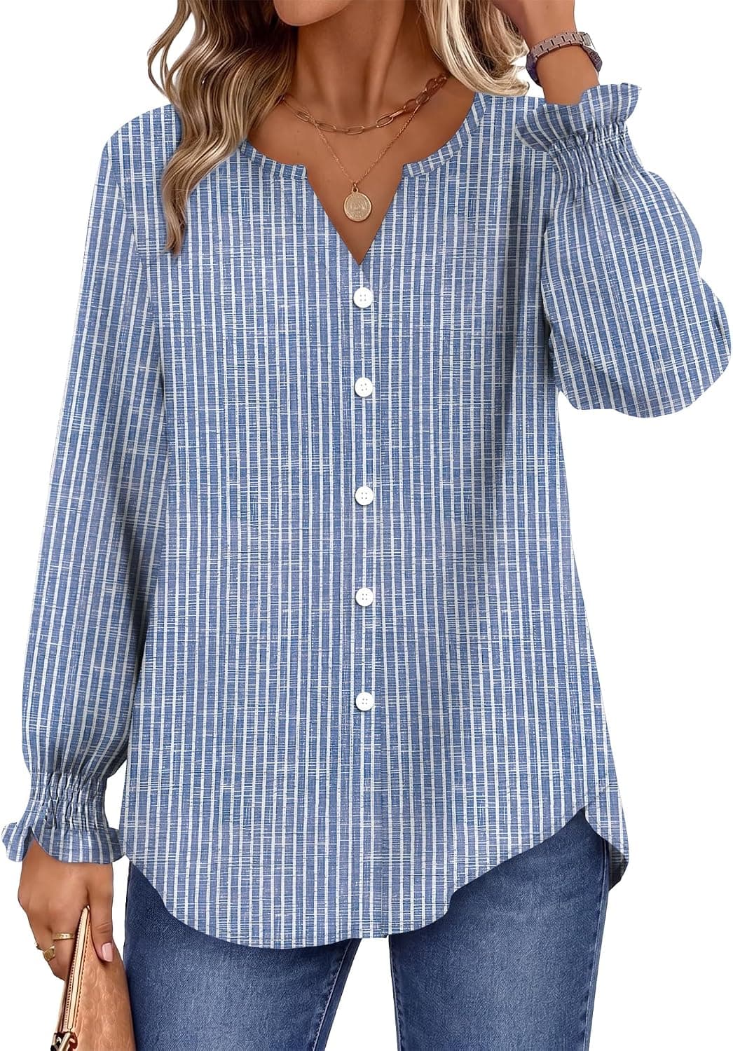 OFEEFAN Women's Long Sleeve Blouse V Neck Button Down Shirt Smocked Cuffs