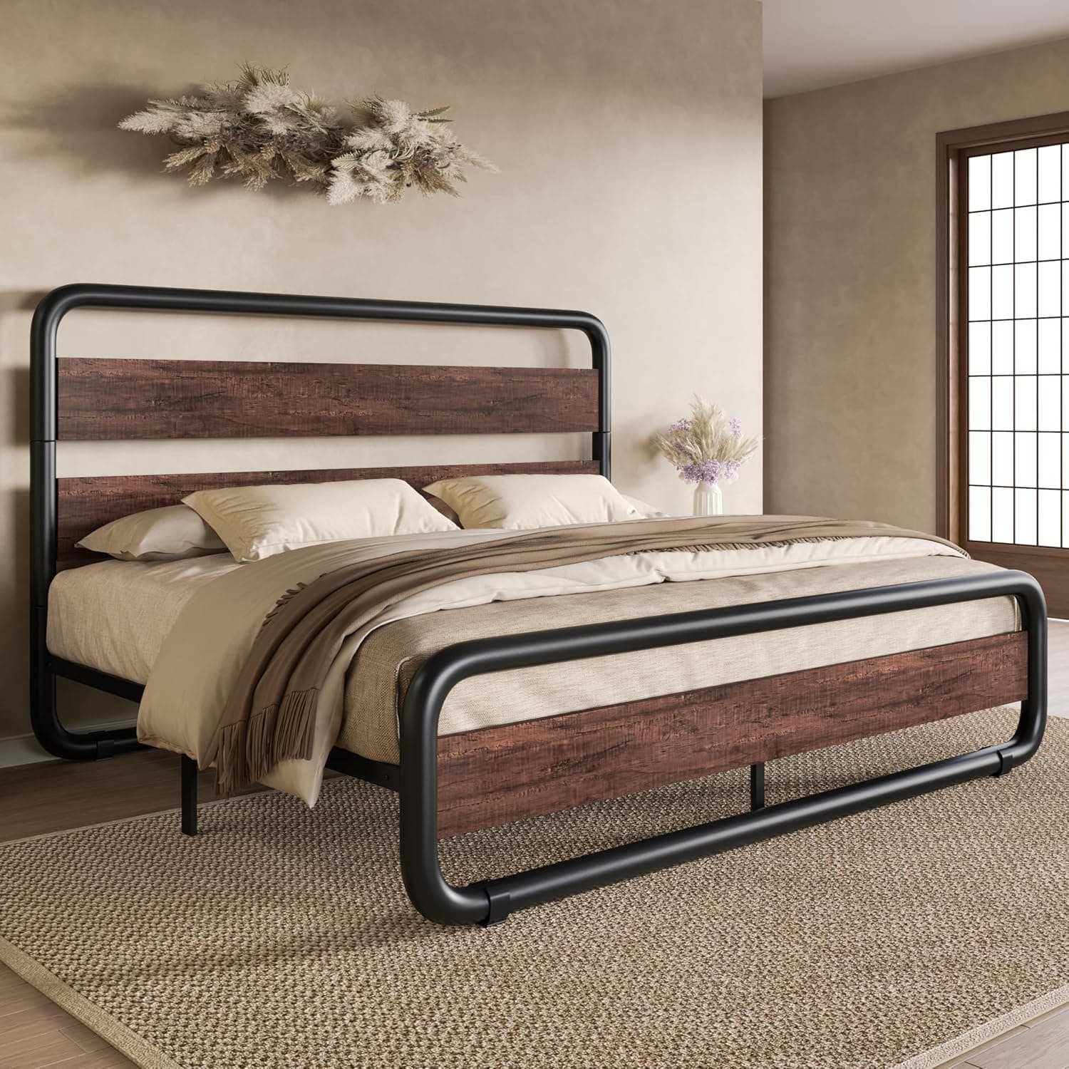 SHA CERLIN Queen Size Metal Bed Frame with Wooden Headboard & Footboard – Heavy Duty Oval‑Shaped Platform - image 1