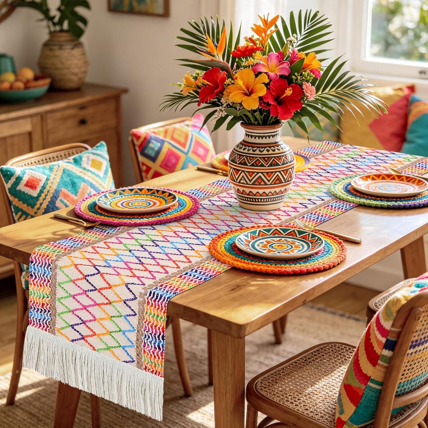 yuboo Colorful Table Runner 48 Inches, Rainbow Macrame Woven Burlap Linen - image 1