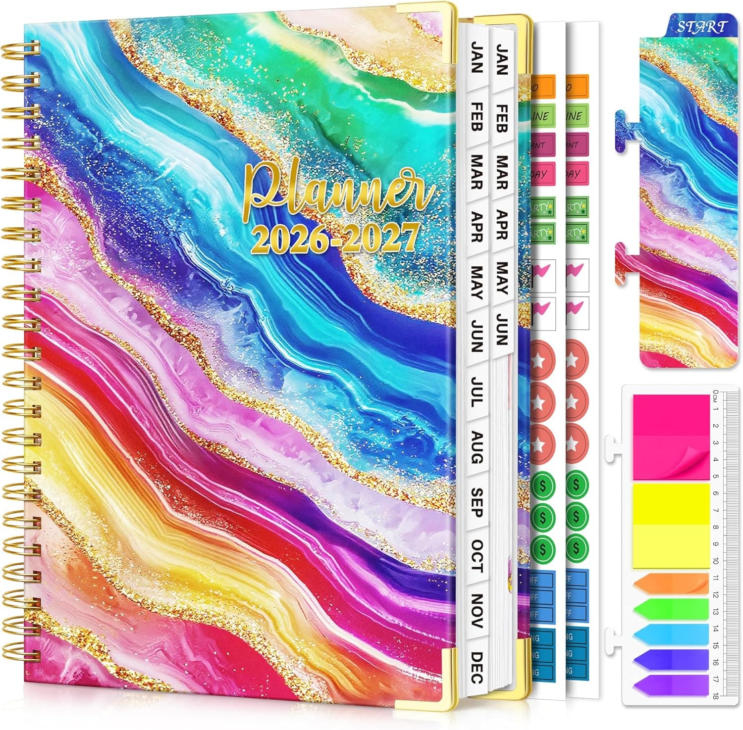 Planner 2026-2027, 18 Month Weekly and Monthly Planner, Jan. 2026 - Jun. 2027, 9" x 11.6" A4 Large Hardcover Calendar Planner with Page Tabs, Separator Page, Inner Pocket, Bookmark, Stickers, Sticky Note Set