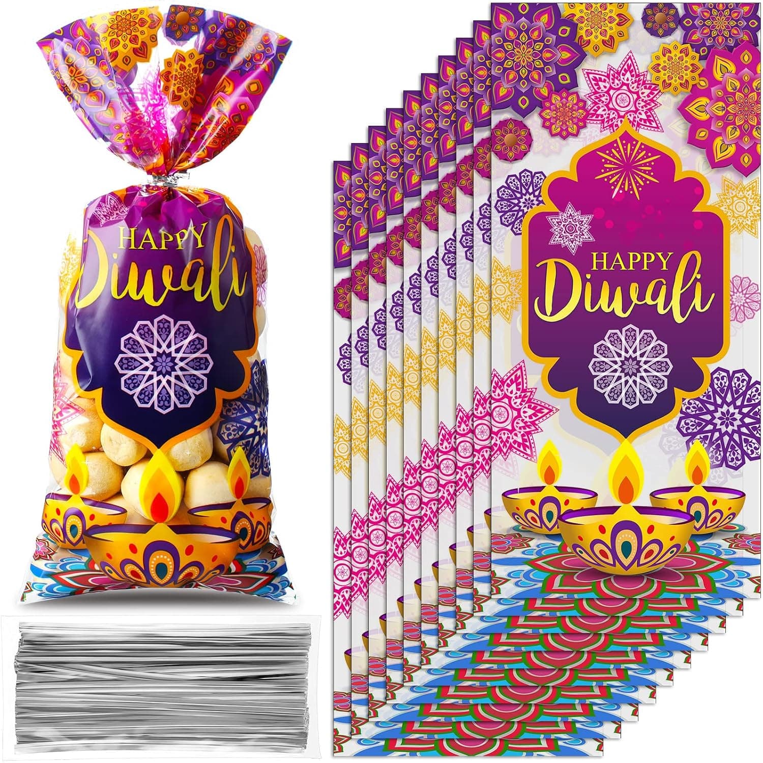 Pajean 100 Pieces Diwali Party Favor Bags Deepavali Gift Goodie Bags - Floral Design