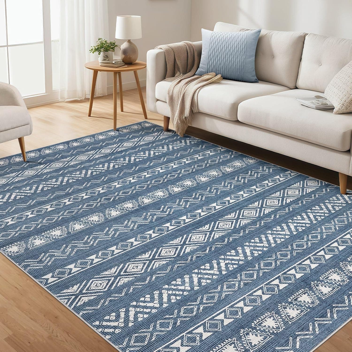 kakania 5x7 Washable Area Rug: Non Slip Soft Thin Carpet, Boho Geometric Modern Decor, Easy Clean Indoor Floor Rugs for Living Room Bedroom Kids Dorm Office Dining - Blue