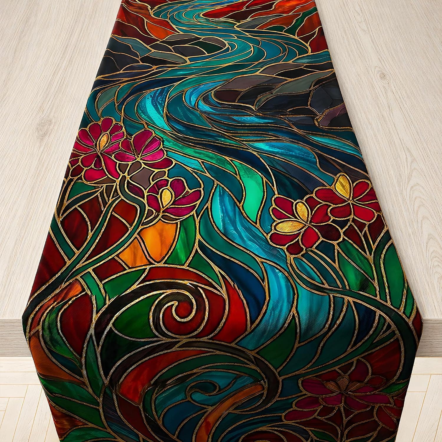 Stained Glass Fall Table Runner | Elegant Polyester Fall Decorations for Home