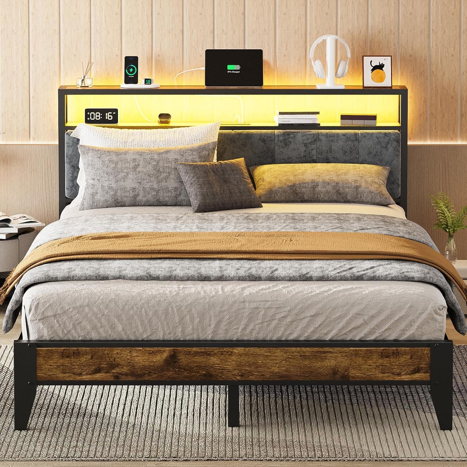 OLEVS Queen Bed Frame with 2‑Tier Storage Headboard, LED Lights & Charging Station - image 1