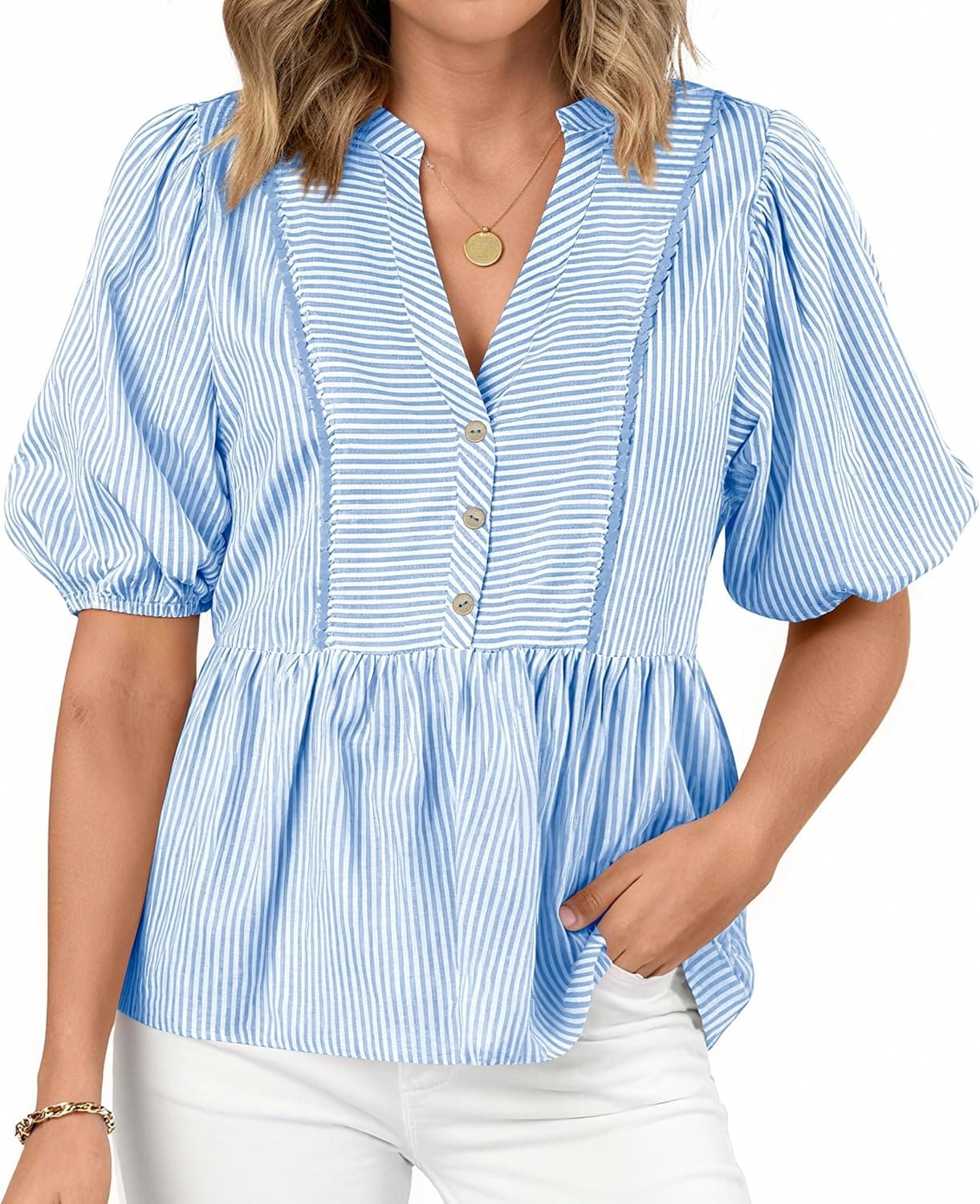 dowerme Womens Summer Tops 2026 Fashion Lantern Short Sleeve V Neck Button Peplum Shirts Spring Stripes Babydoll Blouses - image 1