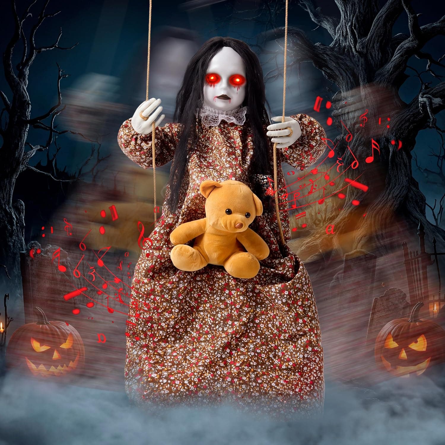 JOYIN Scary Halloween Decorations Outdoor, Hanging Swinging Girl with Plush Bear Prop, Sound Activated Sensor, Light Up Eyes and Creepy Expression, Hanging Activated Halloween Decor for Indoor Outdoor