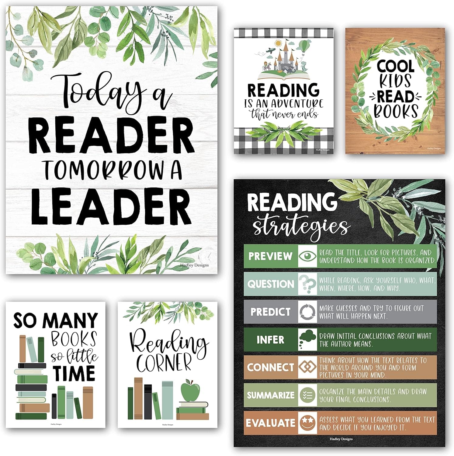 Hadley Designs Reading Posters for Classroom Elementary and Library Decor - 6 Reading Corner Decor for Classroom Decorations, Reading Strategies Library Posters, Farmhouse Bulletin Board Decorations