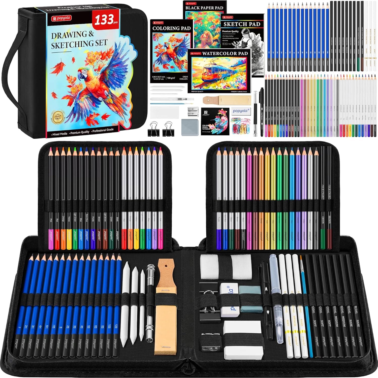 POPYOLA 133 Pack Art Supplies Sketching Kit with Sketch Book, Coloring Book, Watercolor Pad, Black Paper Pad, Tutorial, Graphite Colored Charcoal Watercolor & Metallic Pencils - image 1