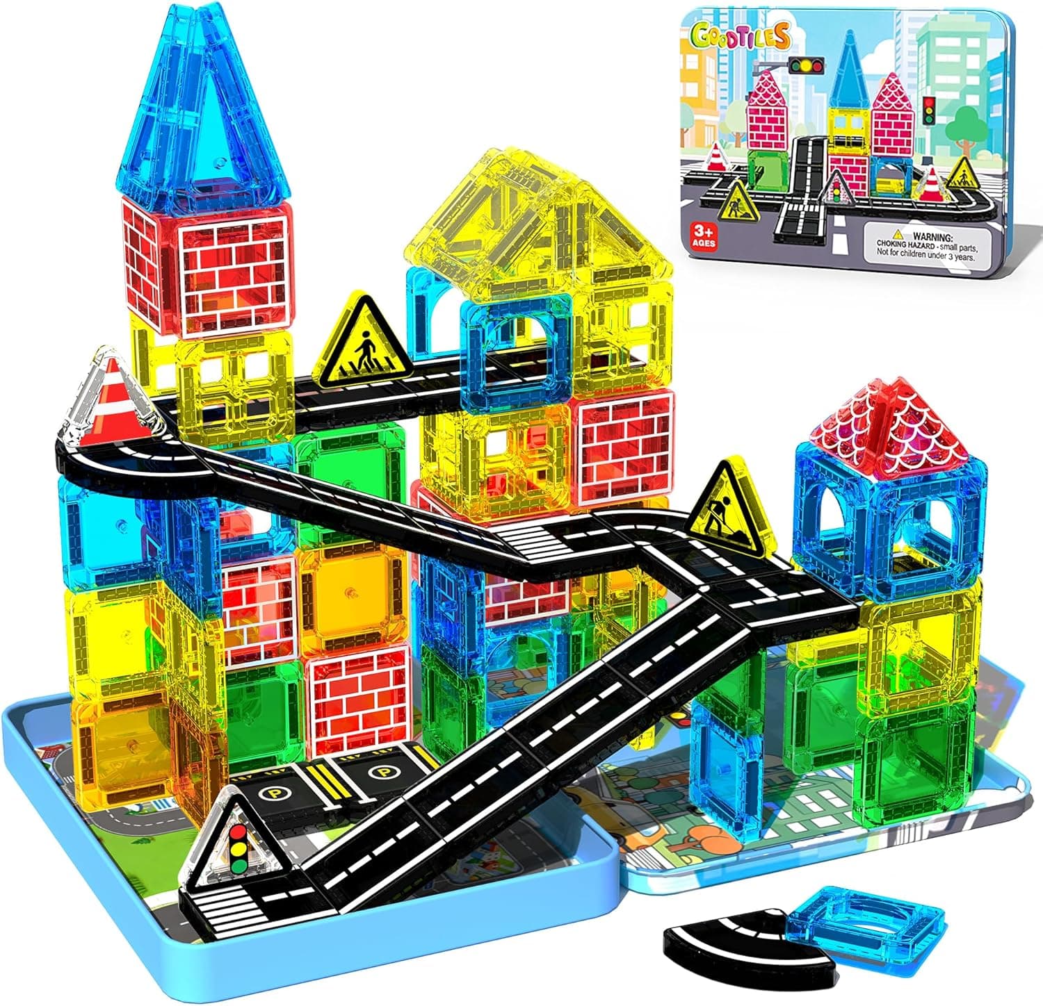 Mini Magnetic Tiles Road Set for Kids Ages 3-8, Magnetic Building Blocks with Portable Tin Box, Magnet Tiles STEM Travel Toys for Toddlers City Road Builder, Preschool Learning Gifts for Boys Girls - image 1