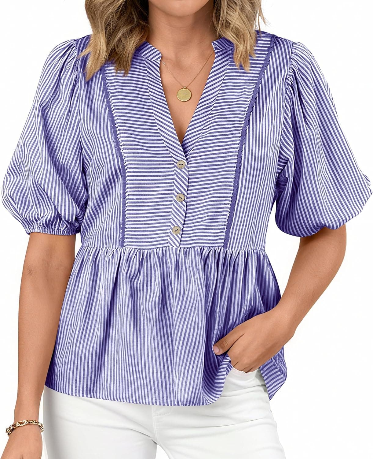 dowerme Womens Summer Tops 2026 Fashion Lantern Short Sleeve V Neck Button Peplum Shirts Spring Stripes Babydoll Blouses - image 1
