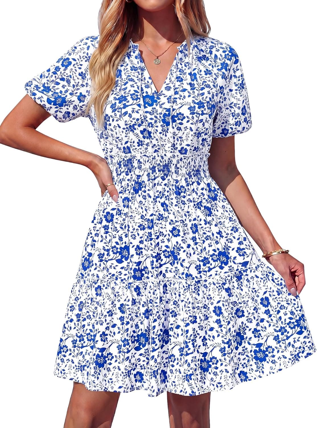 BTFBM Summer Mini Dresses for Women 2026 Ruffle Short Sleeve Elastic Waist Floral Beach Vacation Wedding Guest Dress - image 1
