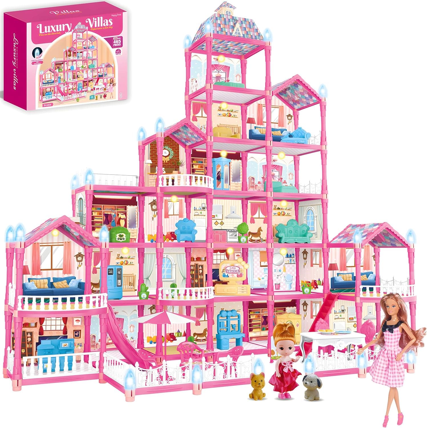 keefun Doll House for 3 4 5 6 7 8+ Year Old Girl Birthday Gifts, Big Dream Dollhouse for Girls 6-12 4-6 with Lights, Pink Educational STEM Building Toys for Kids Ages 4-8 5-7 Play Princess Castle Game - image 1