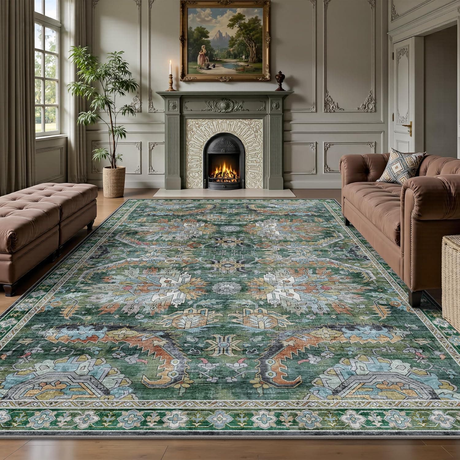 Washable Rug 6x9, Vintage Retro Soft Area Rug, Non-Slip Low Pile Rugs for Living Room, Bedroom, Dining Room, Stain Resistant Home Decor Rug (Green) - image 1