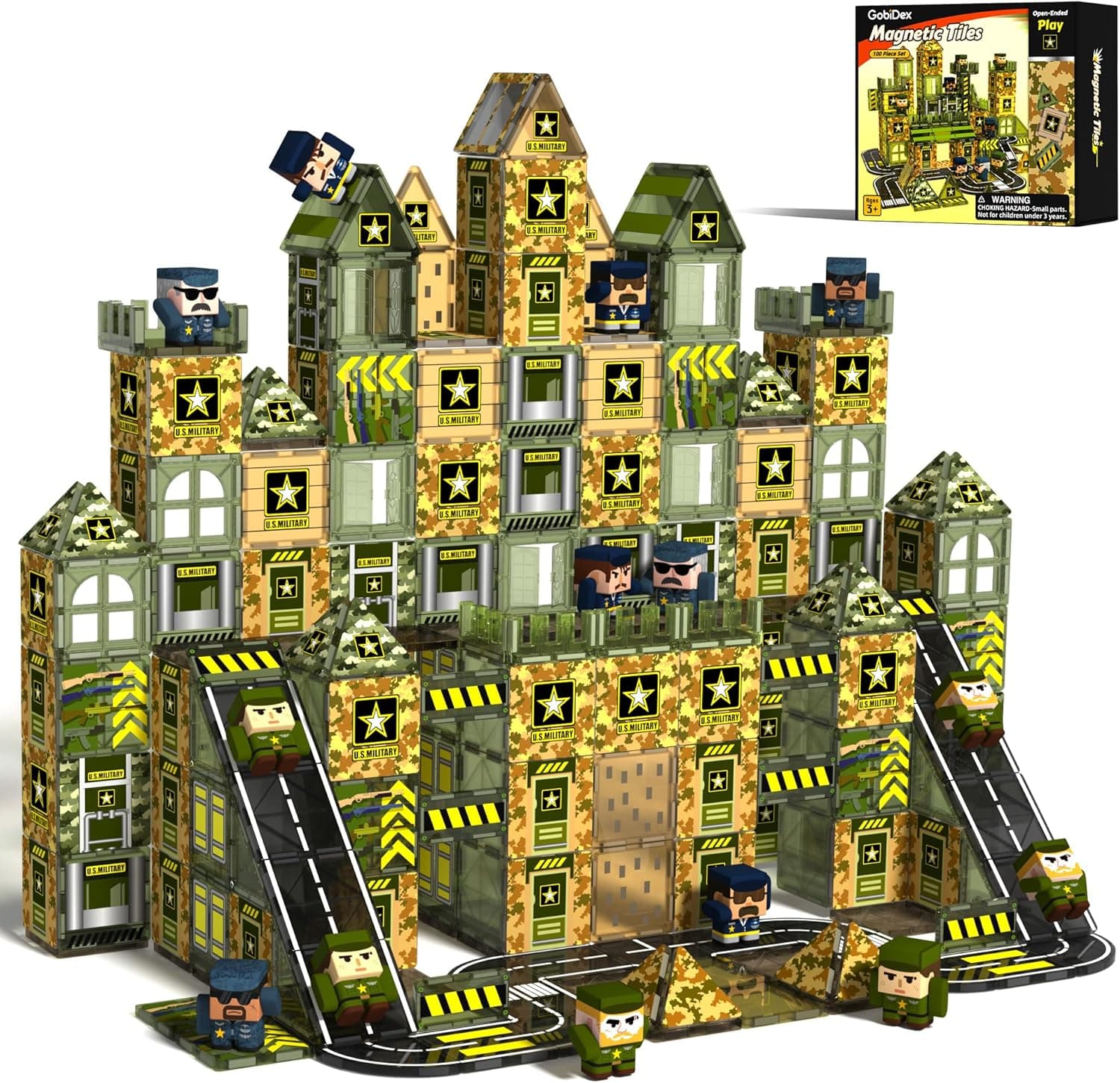 GobiDex 100PCS Army Magnetic Tiles Building Set for Kids, STEM Military Magnetic Building Blocks with 6 Magnetic Army Men, Educational Construction Toys Gift for Boys Girls 3 4 5 6 7 8 9+ Year Old - image 1