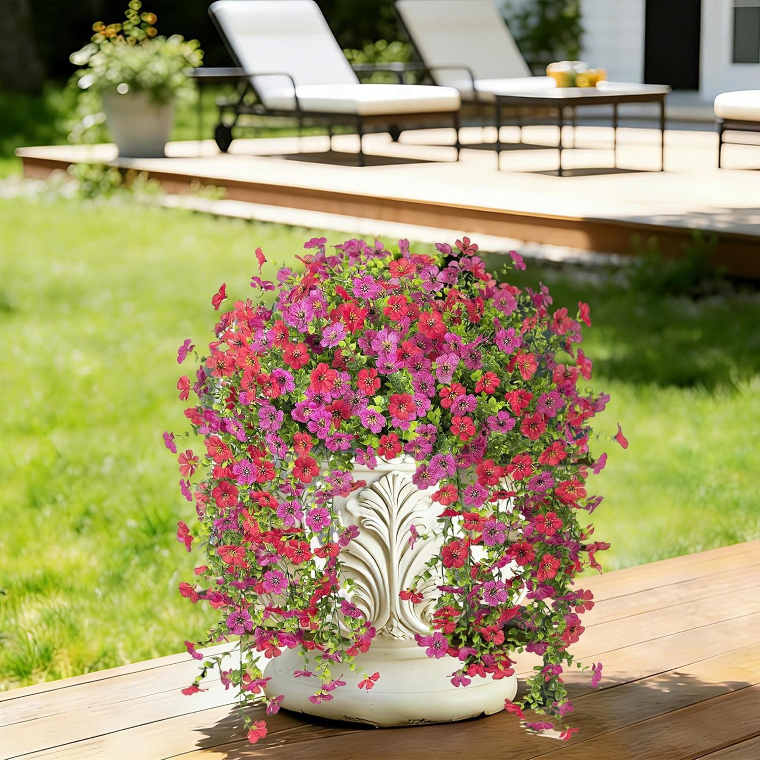 Senjie 4 Pcs Artificial Hanging Flowers for Outdoor Spring Decor, UV Resistant Fake Silk Faux Flowers Plants for Outside Porch Patio Balcony Planters