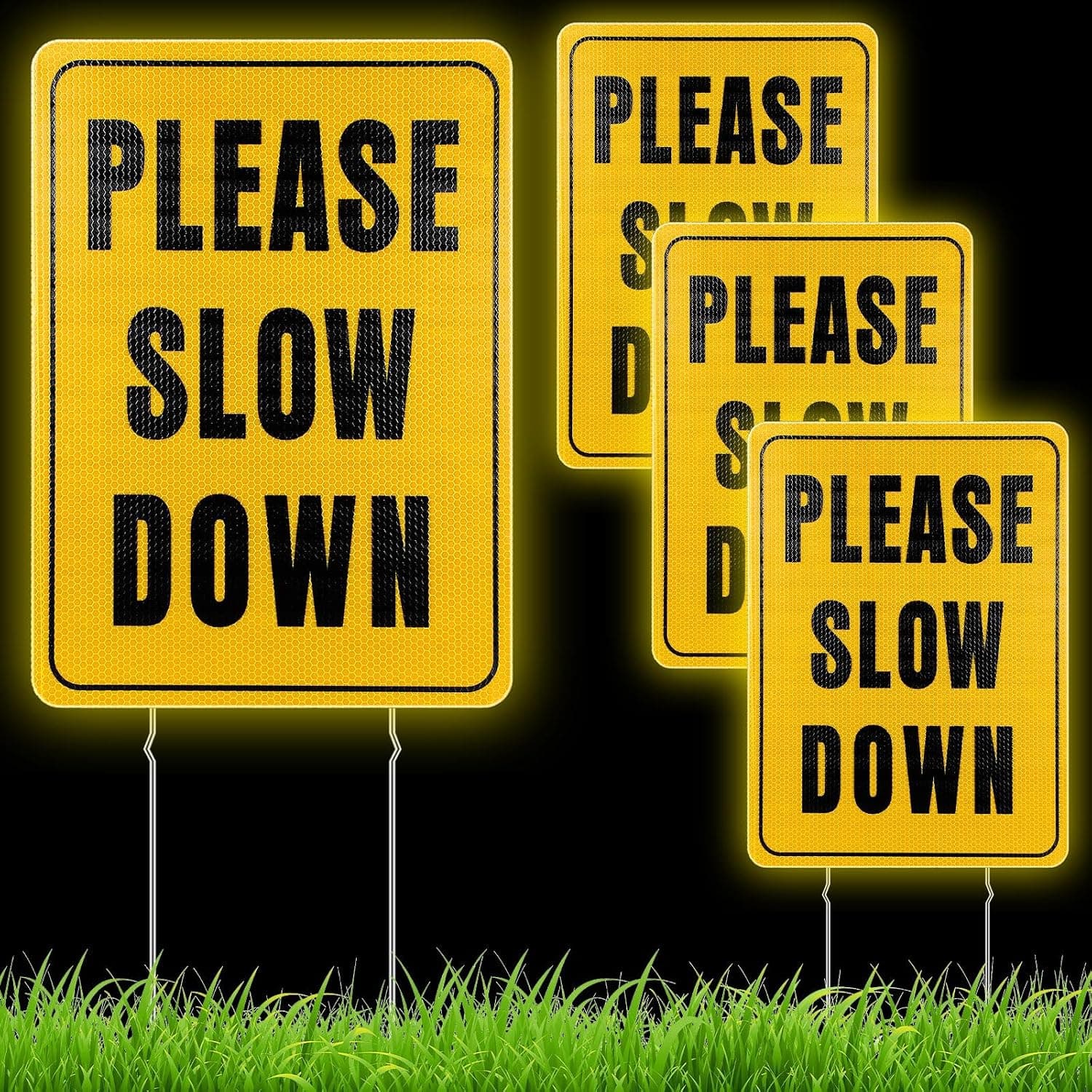 4 Pcs Please Slow Down Signs with Metal Stakes 15.7 x 11.8 Inch Reflective Double Sided Slow Down Yard Signs Corrugated Plastic for Neighborhoods Yards Roads Streets Safety Caution Outdoor Bulk