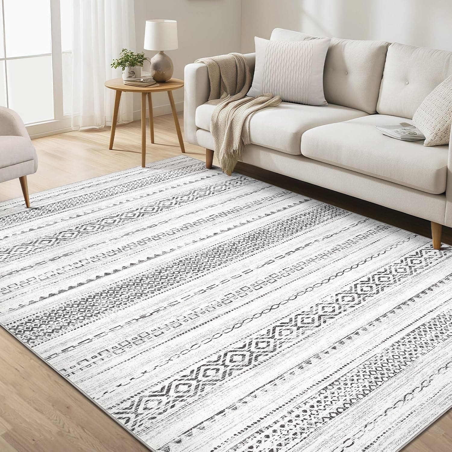 kakania 5x7 Washable Area Rug: Non Slip Soft Thin Carpet, Boho Geometric Modern Decor, Easy Clean Indoor Floor Rugs for Living Room Bedroom Kids Dorm Office Dining - Square Grey