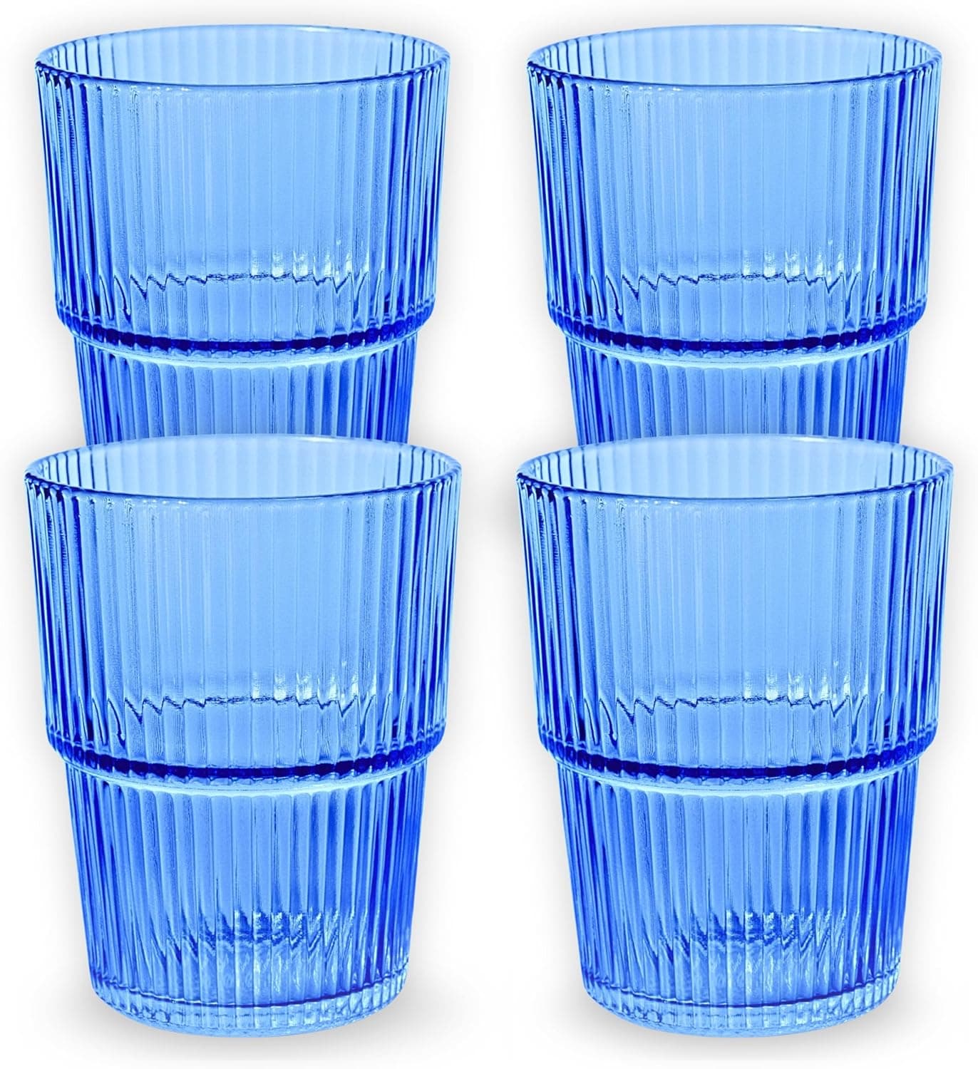 Ribbed Drinking Glasses Set of 4 - Stackable Glass Cups for Kitchen - Iced Coffee, Water, Juice & Mocktails - Aesthetic Water Tumblers Elegant Hostess Gifts Home Essentials (14 fl oz)